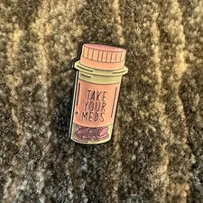 Pills Enamel Pin Pink Pill Bottle Take Your Meds Hat Lapel Backpack Brooch New