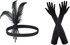 1920s Flapper Headband & Black Gloves Set - Gatsby Costume Accessories for Women