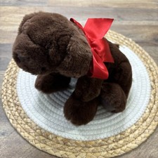 Aurora Chocolate Lab Puppy Dog Plush w Red Bow 10" Laying Down Stuffed Animal