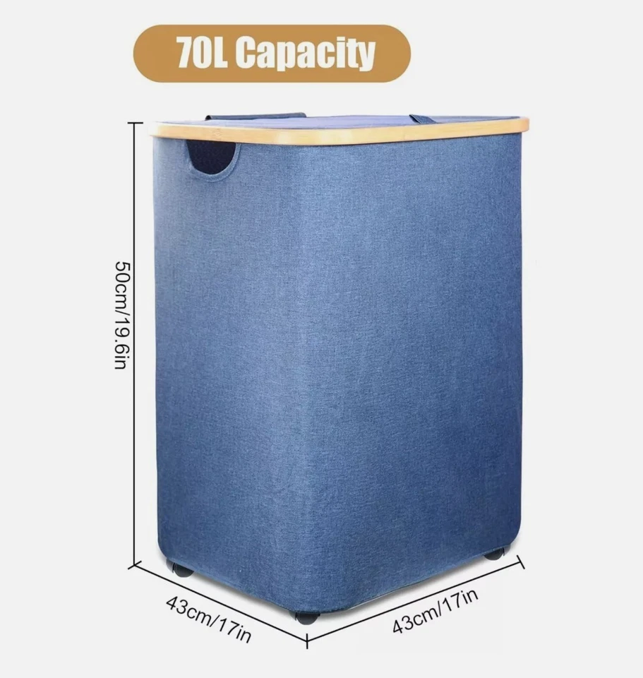 Collapsible Laundry Basket Hamper with Wheels and Lid -  70L Capacity - NEW! - Image 2 of 4