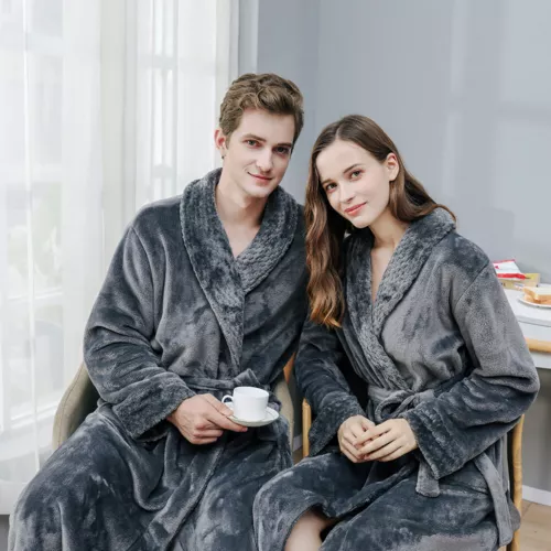 Flannel BathRobe Long Soft Spa Male Bath Robe Shawl Collar Sleepwear Women & Men - Picture 12 of 30