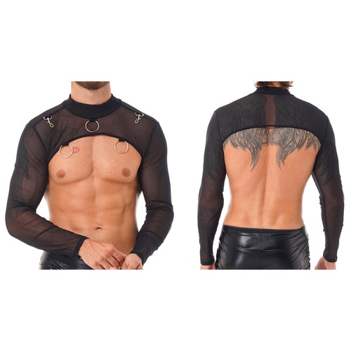 Mens Clubwear Bolero Shrugs Shrug Tops Mock Neck Long Arm Sleeve Lace-up Mesh - Picture 16 of 24