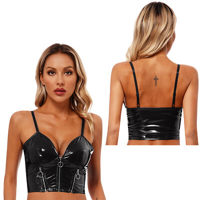 Damen Lackleder Bekleidung Set Kurzarn Crop Top Hollow Out Tops Minirock Dessous