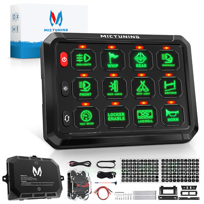 MICTUNING P1s Green 12 Gang 5'' Switch Panel,  Multifunction Touch Toggle Switch