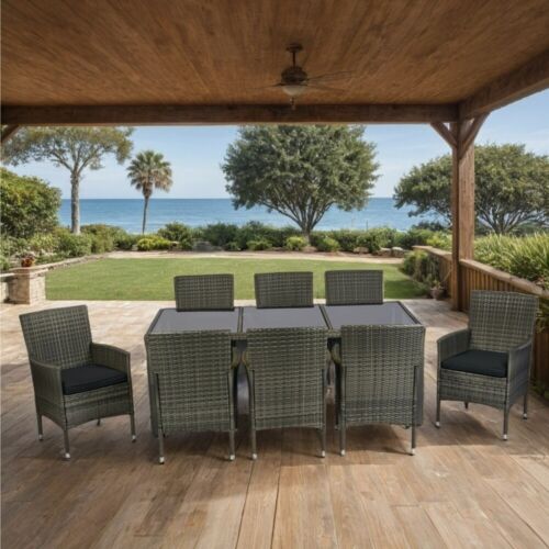 9 Piece Outdoor Patio Wicker Dining Set Wicker Furniture Dining Set Glass Top - Picture 3 of 12