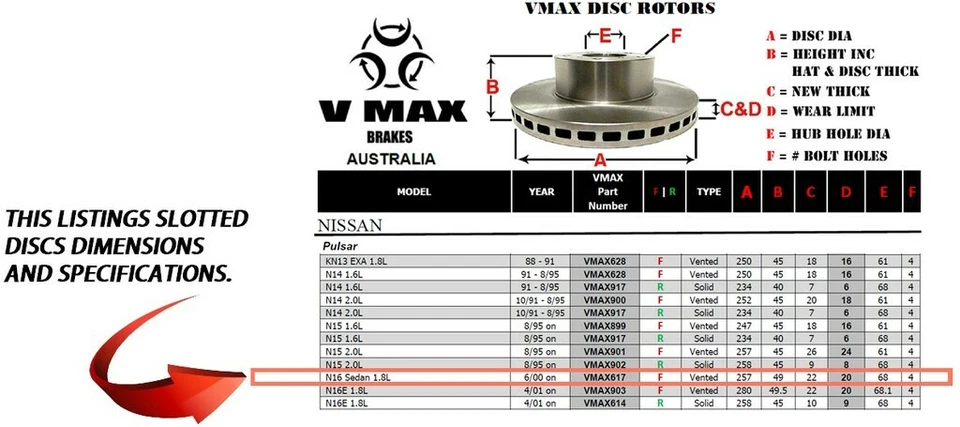 SLOTTED VMAXS fits NISSAN Pulsar N16 Sedan 1.8L 2000 Onwards FRONT Disc Rotors - image 2 of 4