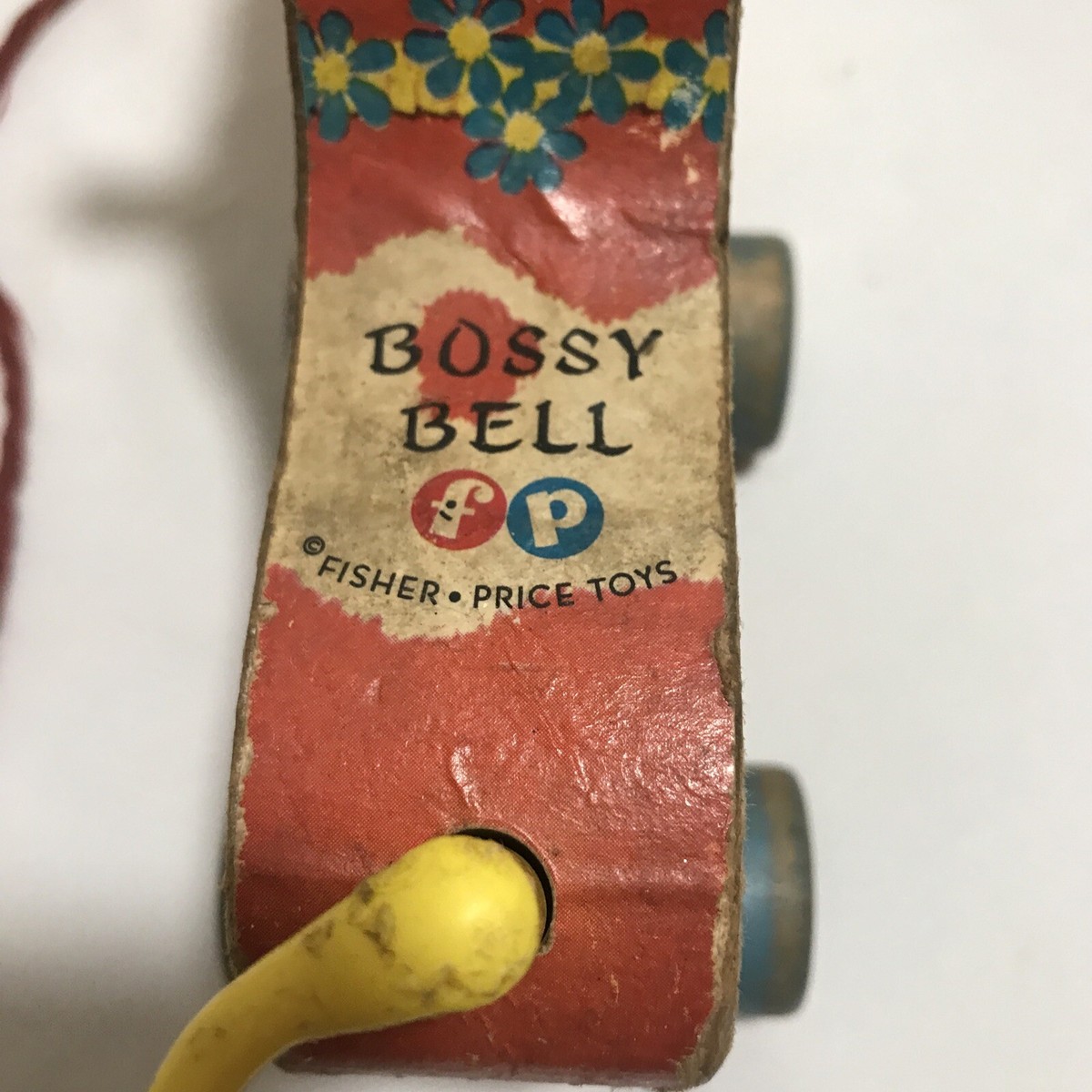 Fisher Price Vintage 1960's Bossy Bell Wooden Cow Pull Toy Bell