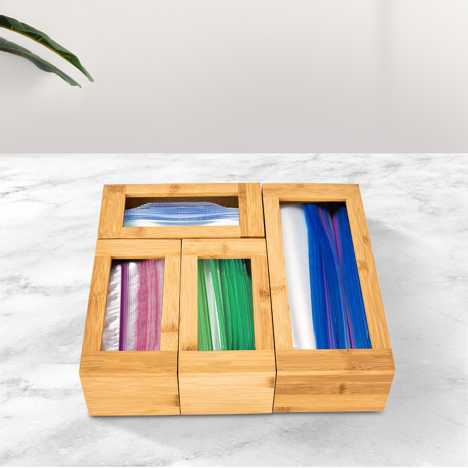 Four Food Storage Bag Holders, Bamboo Ziplock Bag Organizer Box for
