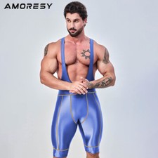 AMORESY Men Spandex Cycling boxing Jumpsuit shoulder strap pants Glossy Overalls