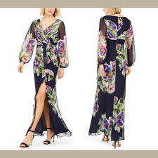 NEW $249 Adrianna Papell Long Sleeve Floral Print Chiffon Gown [ SZ 4 ] #E932