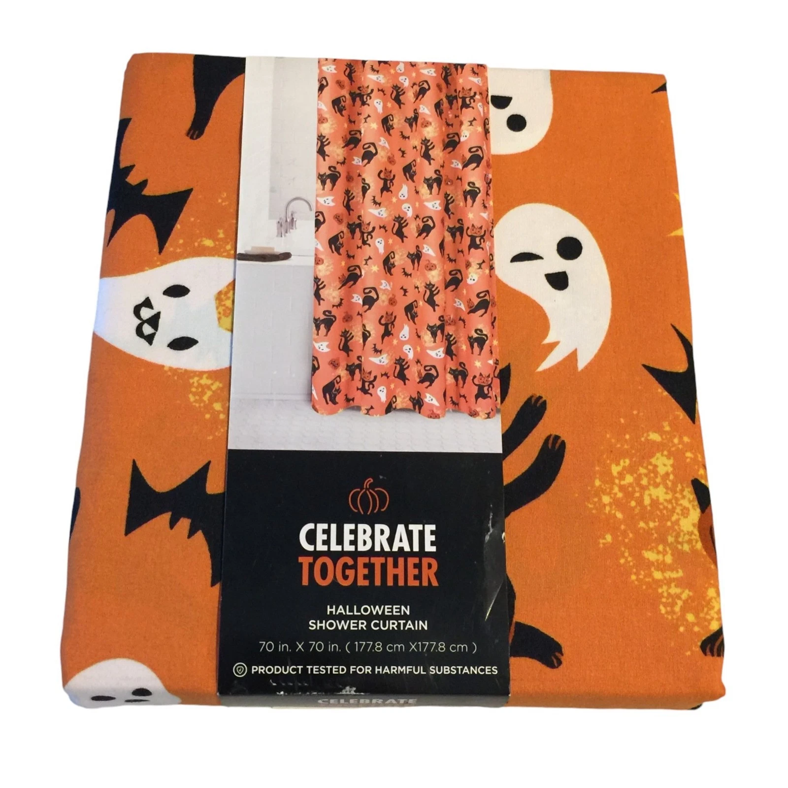 Celebrate Together Black Cat Ghost Bat Halloween Lightweight Shower Curtain 70"
