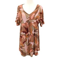Earth Tone Abstract Babydoll Dress Soft Rayon Lined Boho Summer Casual