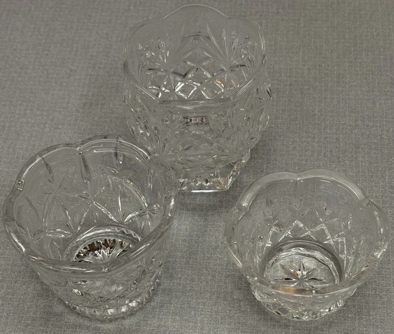 Set of 3 Cut Glass Starburst Open Salt Cellars Clear Crystal Votives Germany