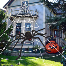 200" Halloween Spider Web  59" Giant Spider Decorations, Fake Spiders with Tria