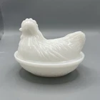 Vintage MCM Hazel Atlas White Milk Glass Chicken Hen on Nest Covered Dish Top
