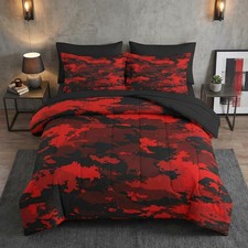 7 Pcs Comforter Set Full Size, Red Black Camouflage Military Bedding Set for ...