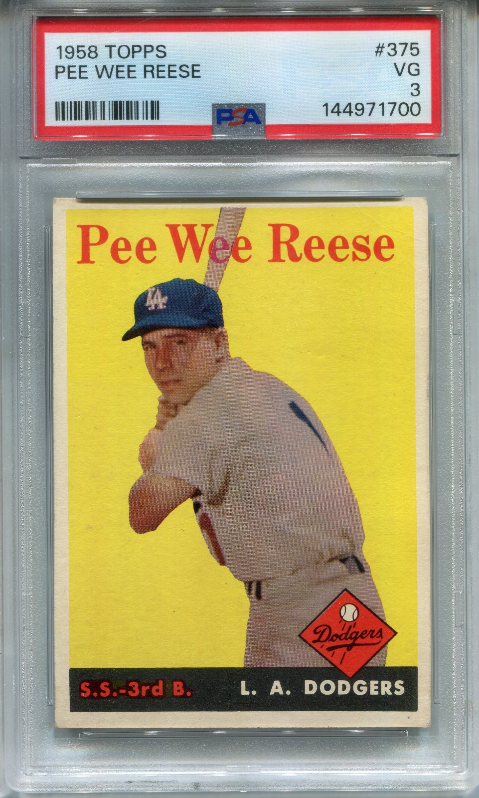 1958 Topps #375 Pee Wee Reese PSA 3 VG Los Angeles Dodgers