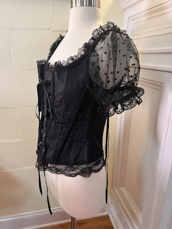 Adore Me Black Lace Corset Size XL Polka Dot Sheer Sleeves Quick Zip Back - Image 3 of 4