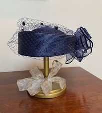 Vintage 1960s Lord Taylor Navy Blue Netted Ruffled and Feathered Pill Box Hat