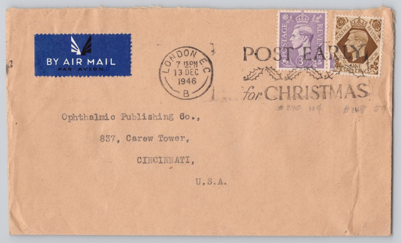 London, England — Airmail to Carew Tower, Cincinnati, addressed envelope — 1946