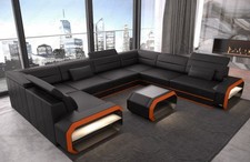 Sofa living area leather couch LED luxury leather sofa black orange Verona U shape