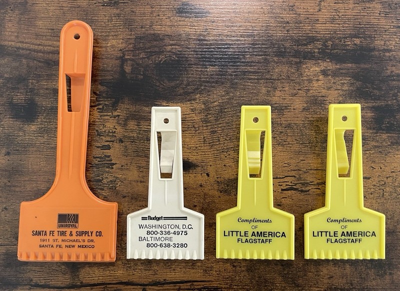 VTG Lot of 4-Advertising Automobile Ice Scrapers UNIROYAL-BUDGET-LITTLE AMERICA
