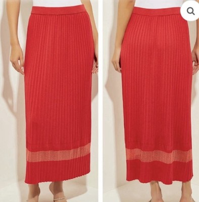 Misook Pleated Soft Knit Skirt Women s M Red Maxi Burnout Accent Pull On Elegant