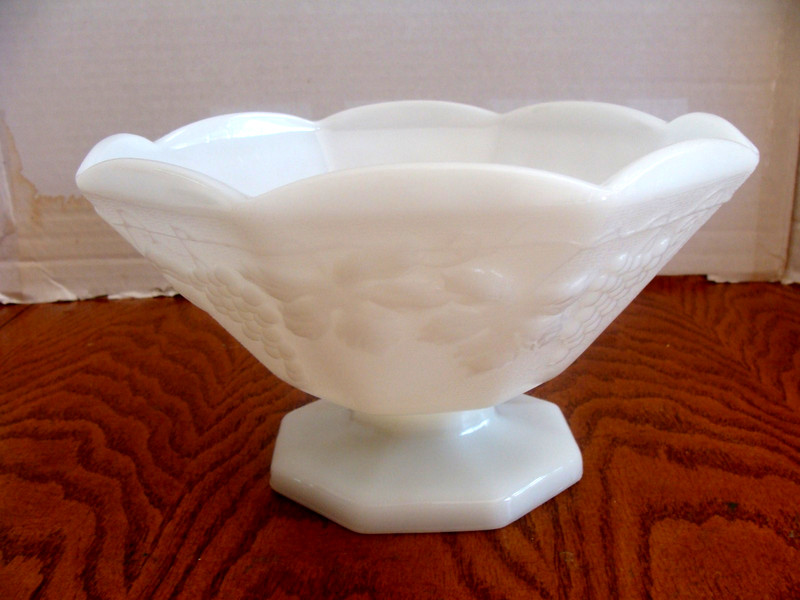 Vintage Milk Glass Octogonal Pedestal Compote Paneled Grape & Leaf Design-LNC