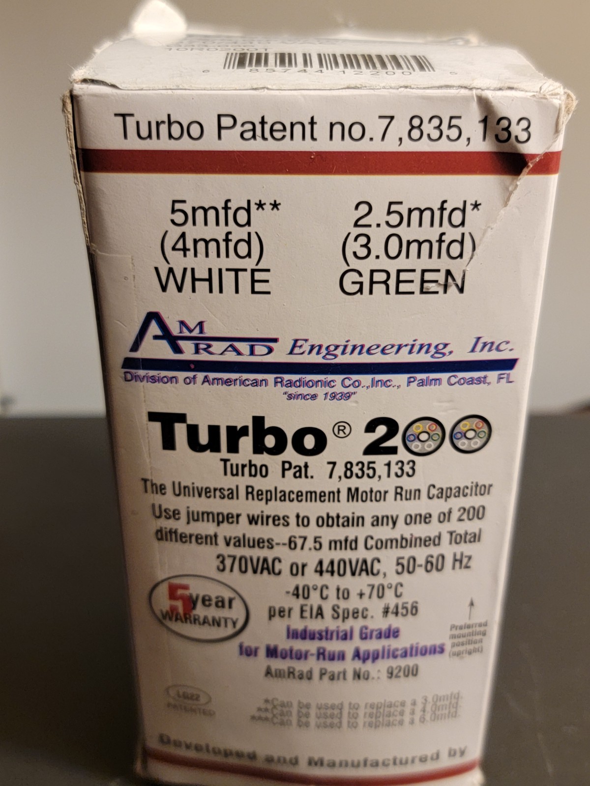 AmRad Turbo 200 Motor Run Capacitor Universal Replacement 370/440VAC MPN 9200