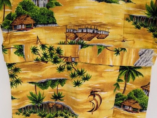 Vtg 70s Safari Style Aloha Hawaiian Shirt Yellow Bark Cloth Belted Handmade M/L - Picture 6 of 6