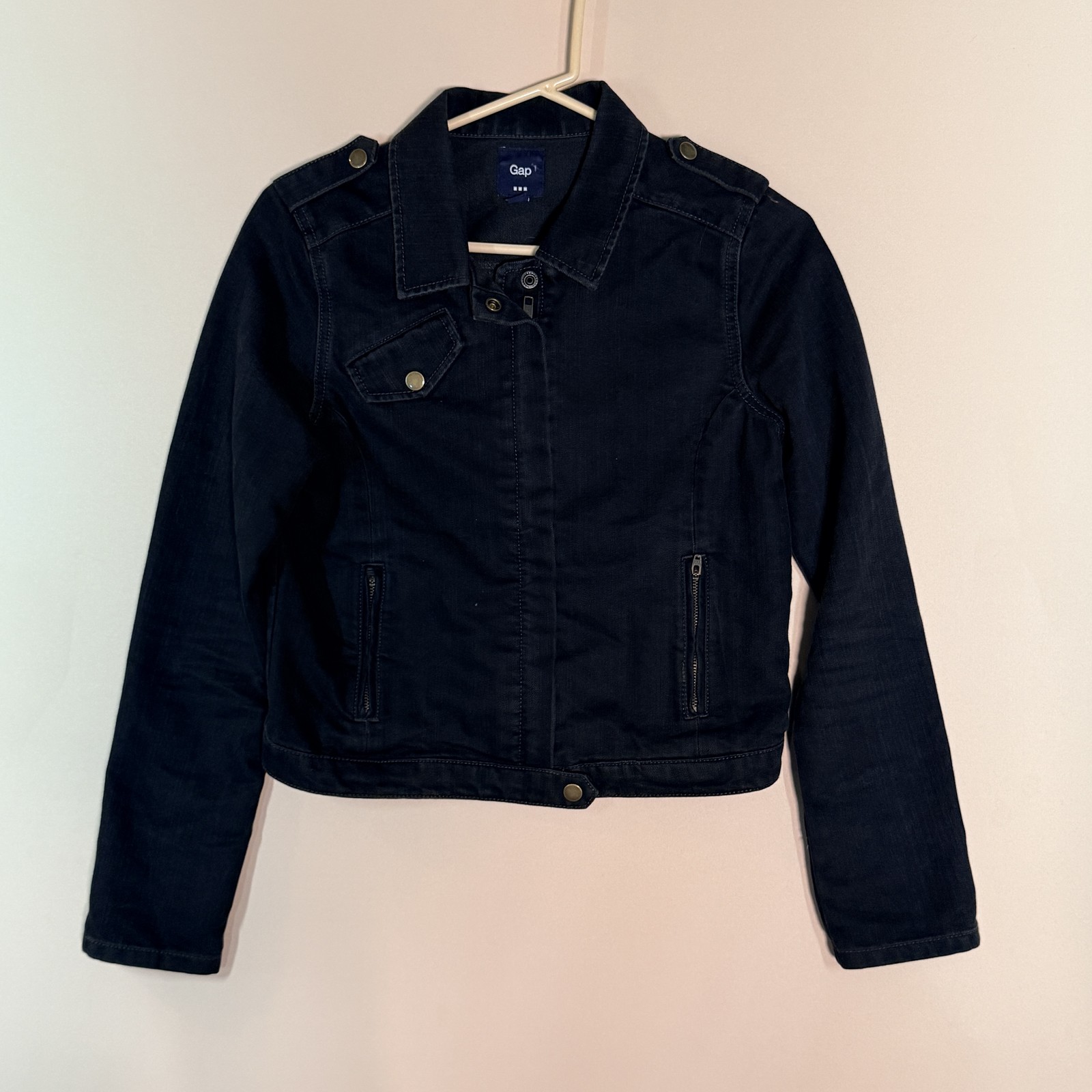 Gap Black Denim Motorcycle Moto Trucker Jean Jacket Full Zip Women's Small S