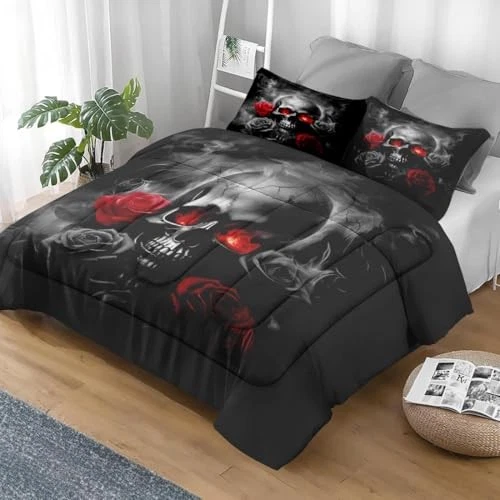 Juego de edredón tamaño llama 3 piezas ropa de cama suave para niños y calavera king rosa roja Foto 3 de 4