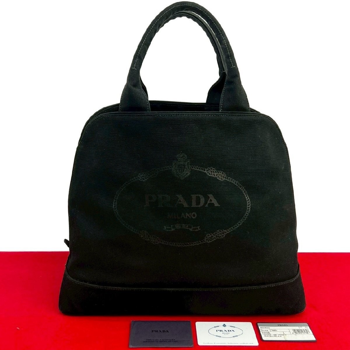 Item with Card PRADA Canapa Logo Jacquard Canvas Handbag Tote Bag Boston Bag