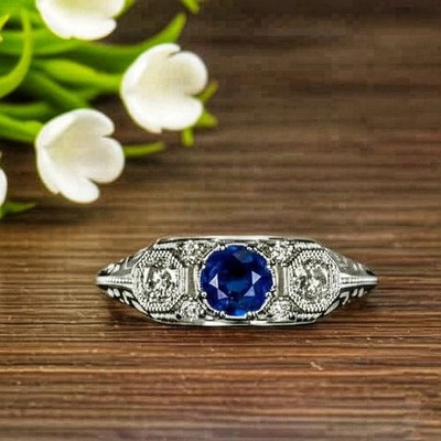 Art Deco Style Round Lab Created Sapphire Diamond Anniversary 925 Silver Ring