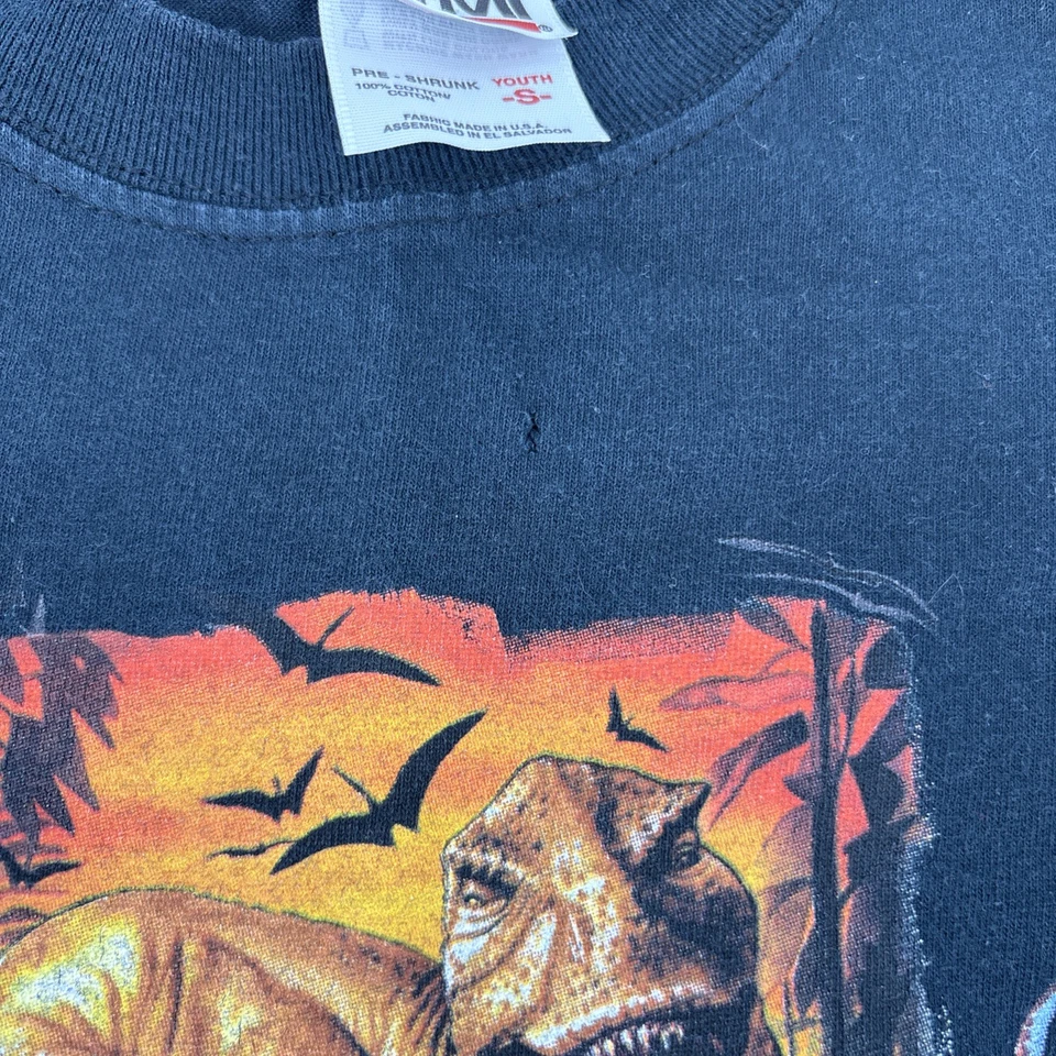 Y2K Dinosaur Youth Small Boys T Shirt Vintage T Rex Raptors Nature Cotton Black - Image 4 of 4