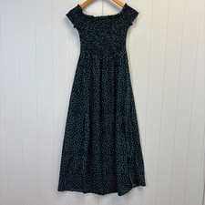 Womens Polka Dot Boho Milkmaid Smocked Maxi Dress Size S Green Cottage Farm Girl