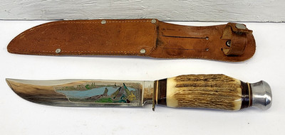 Vintage B. Svoboda Solingen Germany Fixed Blade Hunter W/Camping Scene W/Sheath