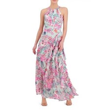 Eliza J Floral Halter Maxi Dress Mint Pink Ruffle Gown Size 12 Wedding Guest