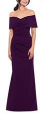 Betsy  Adam Tanya Off-The-Shoulder Cuffed Wrap Gown NWT Size 12 Mulberry Purple