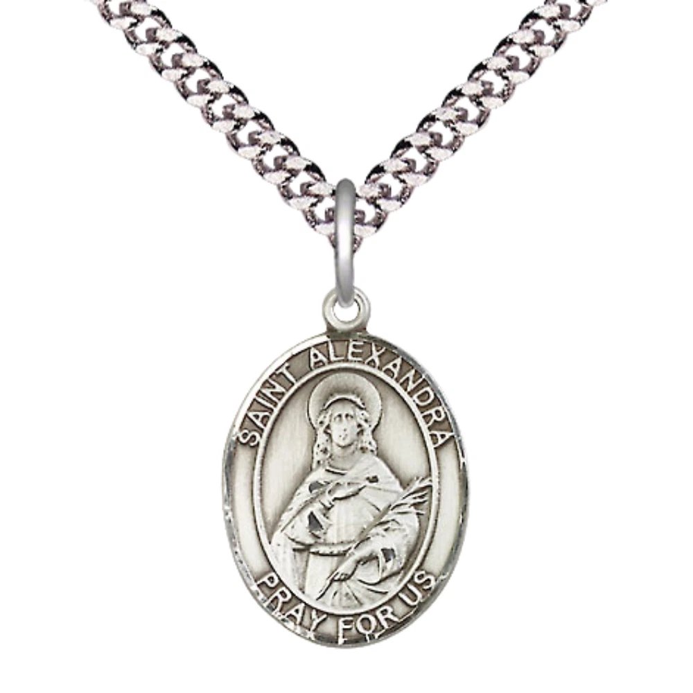 Medium Pewter Saint Alexandra Medal Pendant 24" Endless Chain Religious Necklace