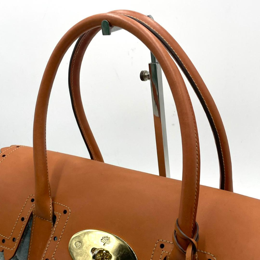 MULBERRY Bayswater Turnlock Tote Bag Denim Leather Blue Brown