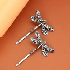 Ladies Antique Silver Dragonfly Hair Grips Clips X 2