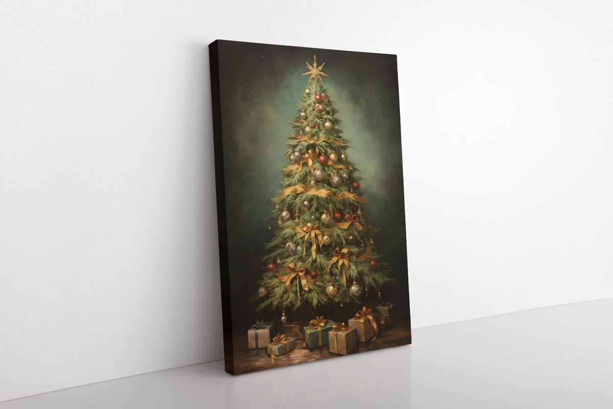 Vintage Christmas Tree Painting Print on Framed Canvas