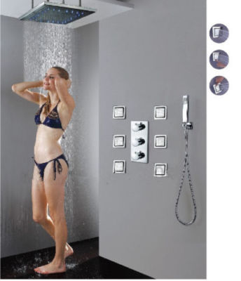 Thermostatic Mixer Valve Nickel 24'' LED Rainfall Shower 6PCS Body Jets Spa Set