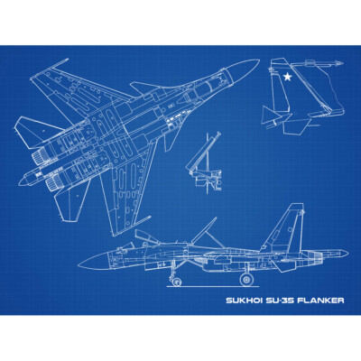 Sukhoi Su-35 Flanker-E Air Defence Fighter Blueprint Art Print Canvas Poster