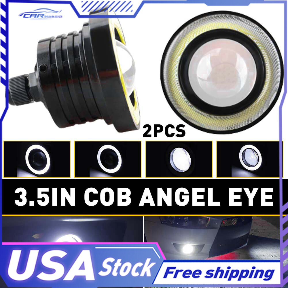2Pcs Inch 3.5 Round LED Light Spot Driving Lamp w/ Blue Angel Eyes Halo Fog Ring