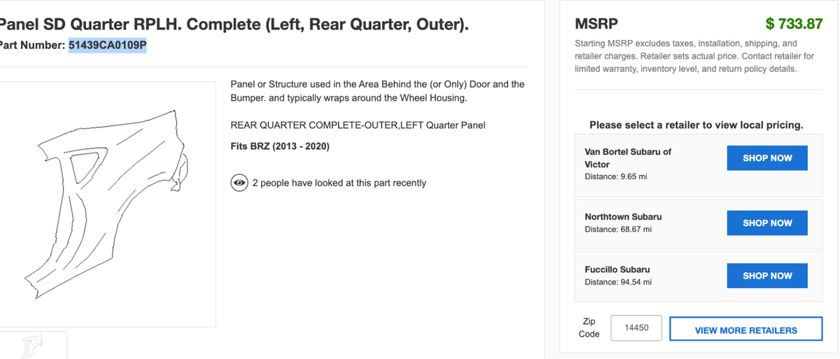 New 2013-2020 Toyota 86 Subaru BRZ Scion FR-S Driver Left Rear