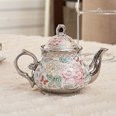 20 Pc Tea Set Tea Pot 6 Cups Saucers w/ Rack Silver Multi 3 oz Cup