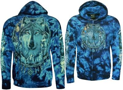 Tie Dye Hoodie Zip Up Wolves in a Dream Catcher Moon Wolf Glow in Dark by Wild