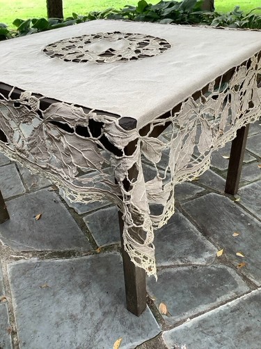 Vintage Linen Tablecloth Hand Embroidered Cutwork From France Topper Leaf - Picture 3 of 10